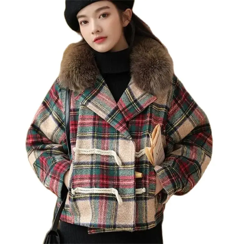 Women Short Velvet Thick Plaid Woolen Jacket 2023 Autumn Winter Female New All-match Cocoon-shaped Small Woolen Coat A657