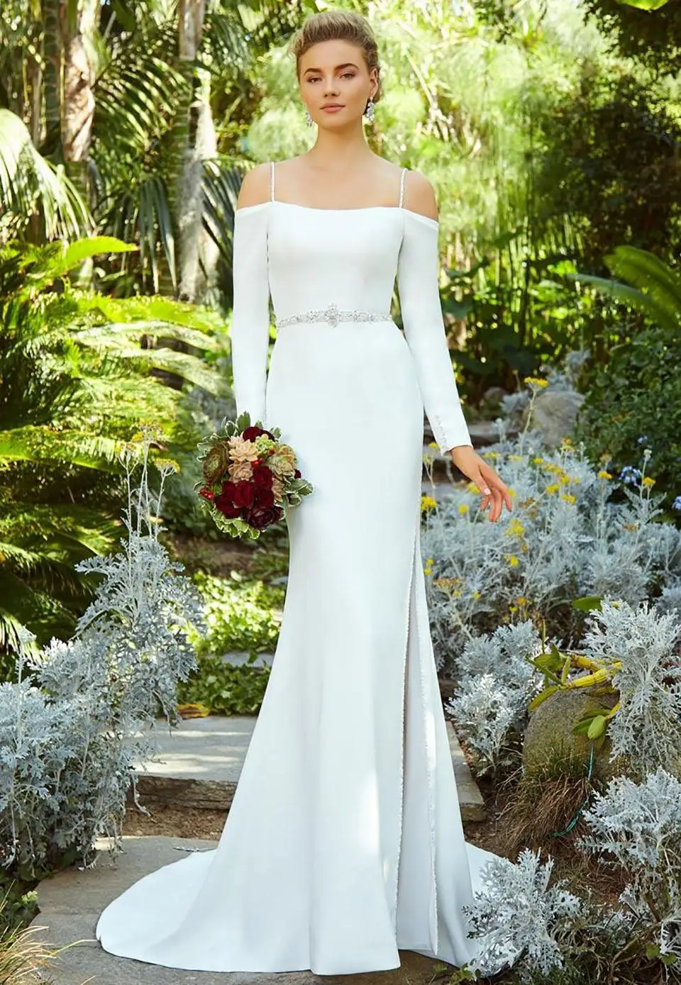 Vestido de Novia Abiti da Sposa semplici a maniche lunghe sirena al largo della spalla abito da Sposa diviso Abiti da Sposa Abiti da Sposa