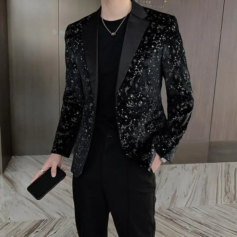 

2022 Stylish Luxury Black Velour Blazers Mens Velvet Party Dress Dandy Elegant Retro Fashionable Jackets For Men Club Star Shiny