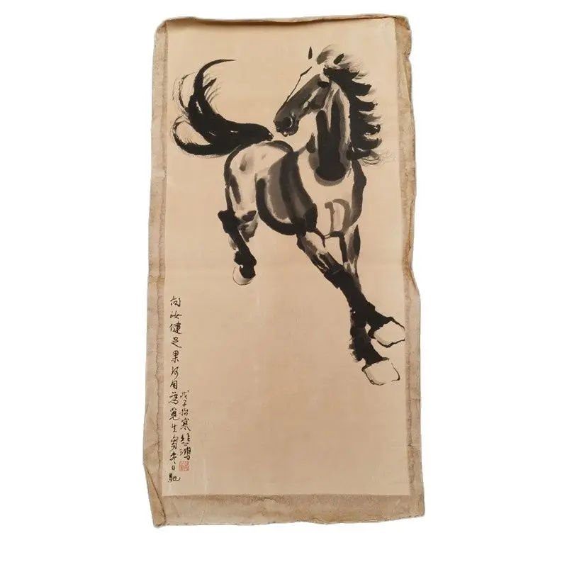 Chinese Old Scroll Xu Beihong - Galloping Horses Painting Rice Paper Painting Slice