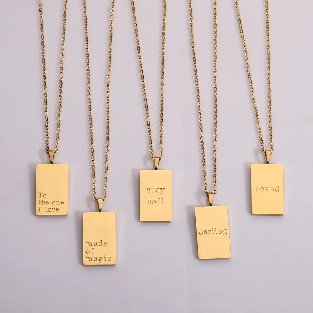 New Trend 316L Stainless Steel Inspirational Engraved Letters Square Pendant Beads Chain Necklace for Women Girls