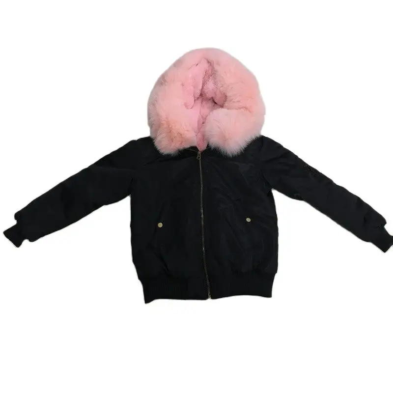 

Black Beautiful Litter Girls Jacket Have Zipper Beside The Sleeve Raccoon Fur Collar Pink Color New Faux Fur Liner