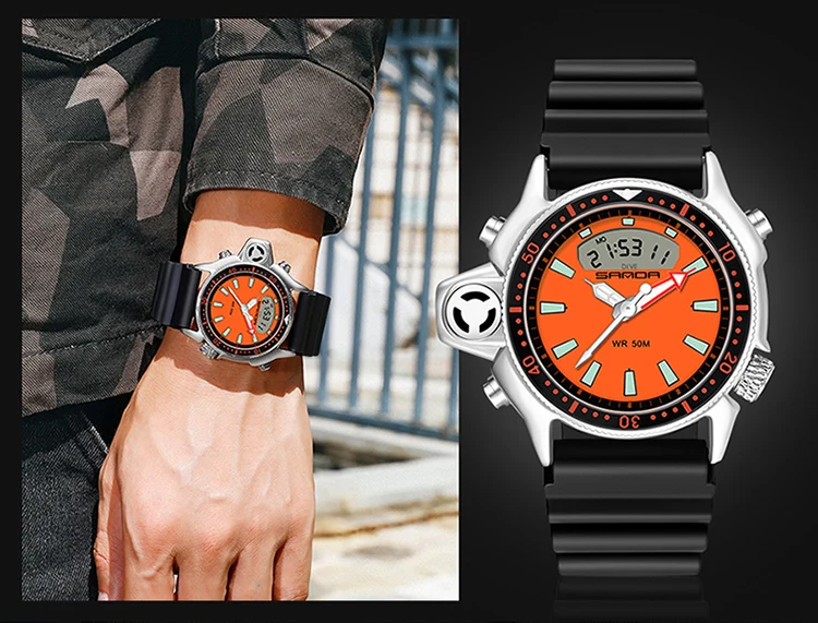 SANDA Mode Sport Männer LED Digital Uhren Dual Display Quarz Armbanduhr Im Freien Wasserdichte Militär Armbanduhren Herren Uhr – Detail 12