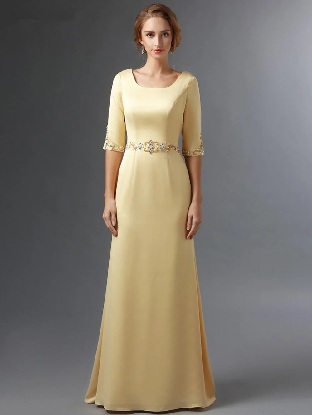 2024 Elegance Evening Dress Round Neck Long Sleeve Belt Gemstone Pearl Decoration Simple Yellow Color Can Be  New Customized