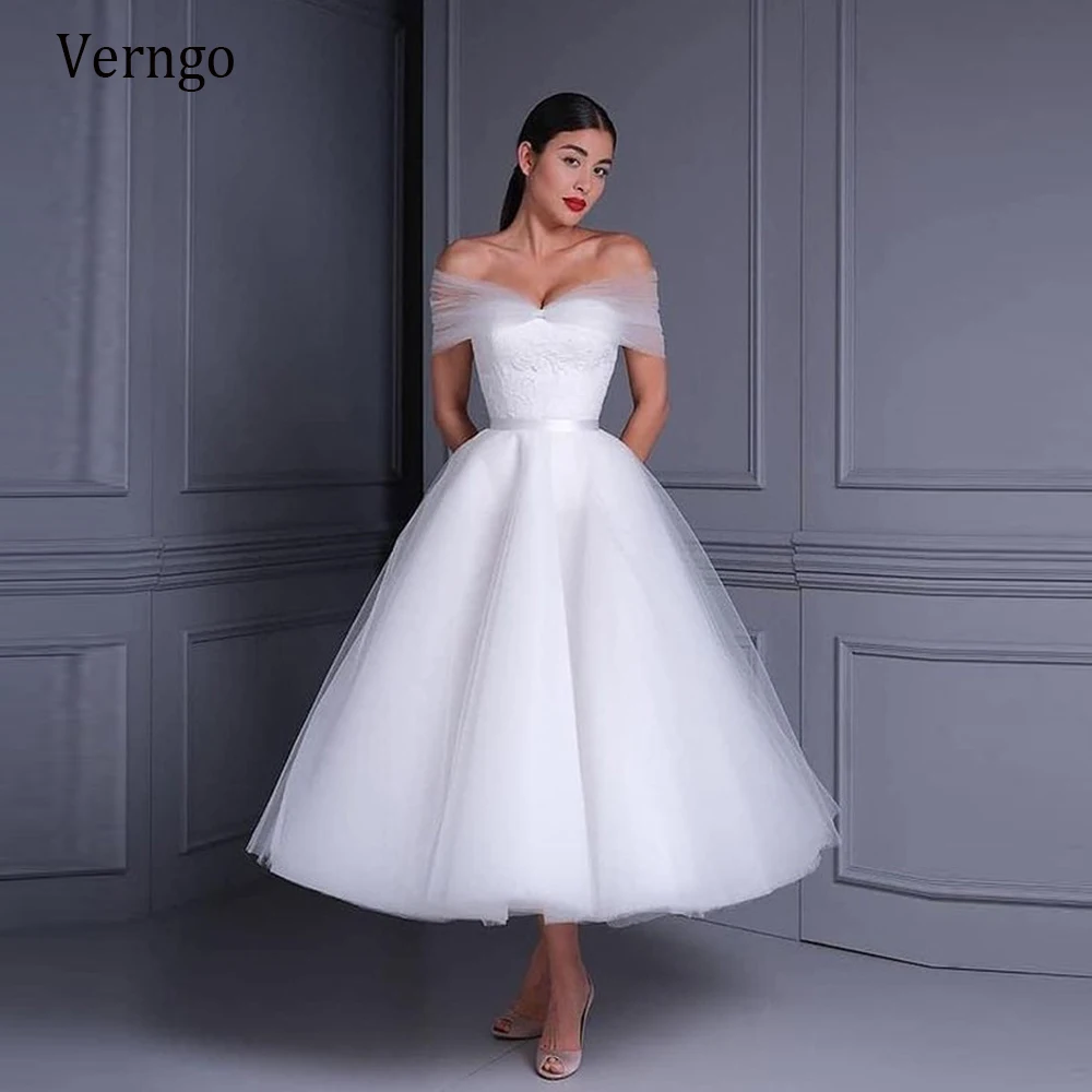 Verngo Simple Satin A Line Wedding Dress Off the Shoulder Convertible Tea Length Bridal Gown For Engagement Party Customized