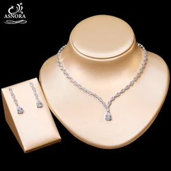 ASNORA Dazzling Cubic Zirconia Wedding Necklace Water Drop Earrings 2 Piece Set Women's Clothing Party Jewelry Set Accessories