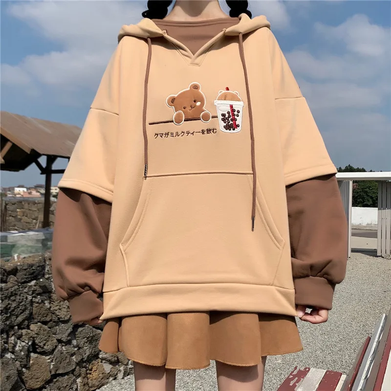 Bông Tai Kẹp Thời Trang Nữ Khoác Hoodie Quần Áo Mùa Đông Kawaii Trang Gấu Anime Áo Cô Gái Tuổi Teen Thẩm Mỹ Dài Tay Áo Thun Chui Đầu