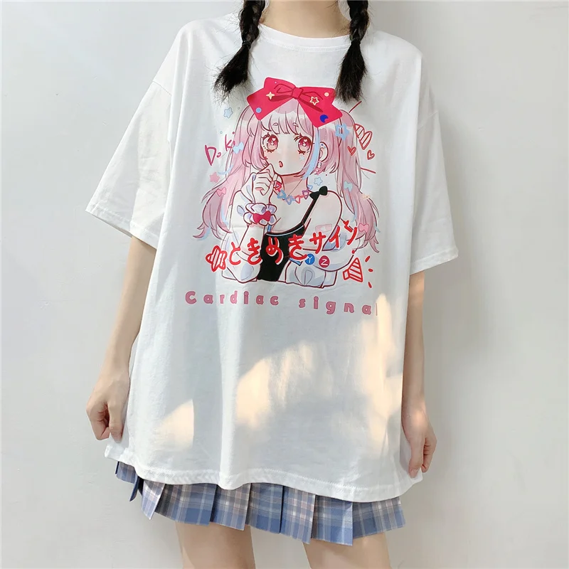 

Summer Anime Oversized T-shirt Women Harajuku Kawaii Graphic Tees Girls Cute Tops Short Sleeve Aesthetic Pink T Shirt Black 2021