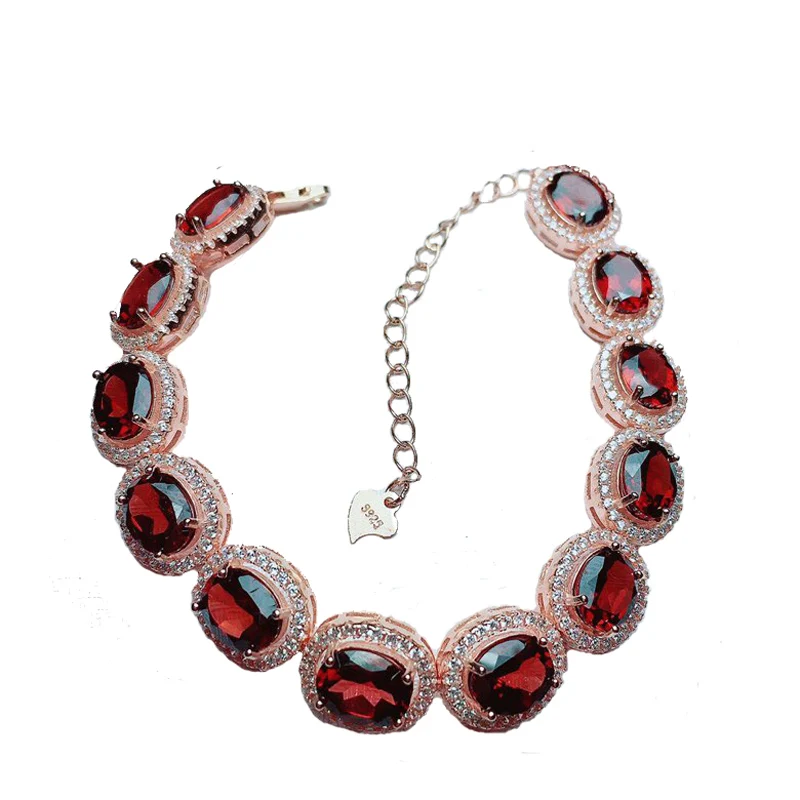 

Granet red flat oval faceted s925 chain inlaid bracelet for woman gift wedding