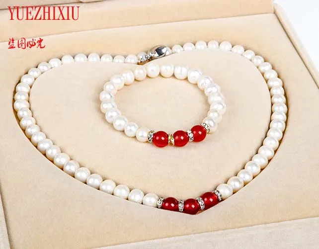 REAL NOBLEST AAA+ natural 9-10mm AKOYA WHITE NATURAL pearl red jade necklace Bracelet