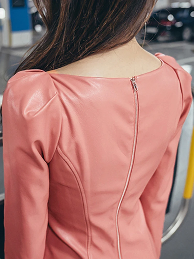 Lautaro Spring Mini Leather Dress Women square neck Short Sheath Soft Faux Leather Dresses for Women 2021 Runway Stylish Fashion