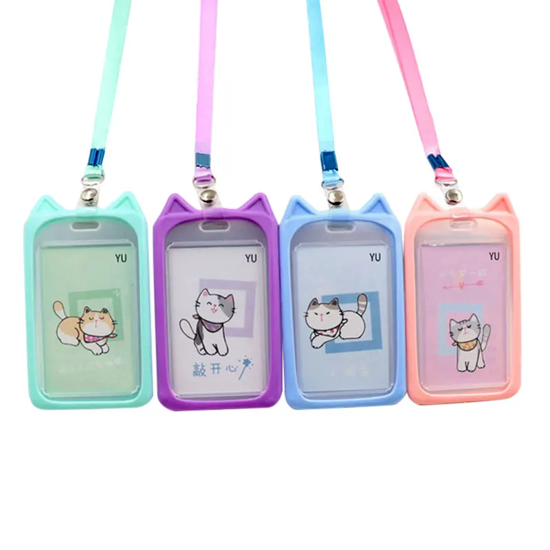 3Pcs/Set Cute Cat Silicone ID Card Protection Cover Case Lanyard Badge Holder Kids School Student Office Exhibit Work Neck Strap
