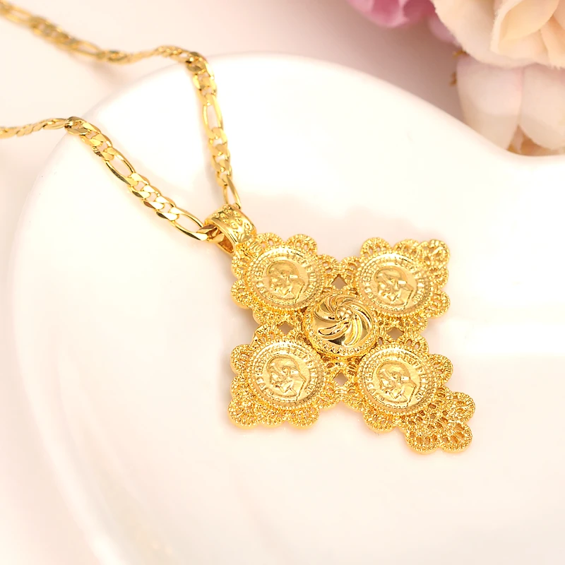 Ethiopia small Coin cz stone crystal Pendant Necklaces Women Gold Color Jewelry Africa Crosses Ethiopian Cross Eritrea