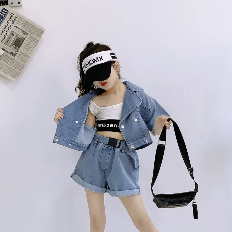 Girls Suits Short Denim Jacket +Short Pant New Children Summer 2021 Toddler Girl Clothes Kids Fashion image 3