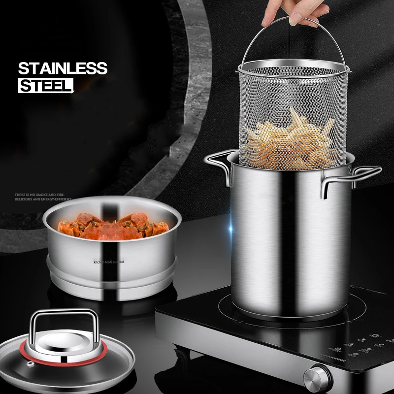 

304 Stainless Steel Deep Frying Pot with a Thermometer and a Lid Multipurpose Fryer Pan Kitchen Cookware Large Capacity Soup Pot