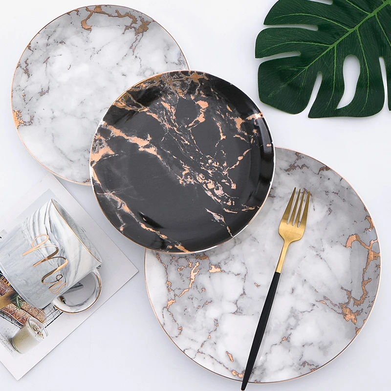 European Style Marble Plates Ceramic Dinner Set, Gold Inlay Porcelain Dessert Plate, Steak Salad Snack Cake Plates, Tableware