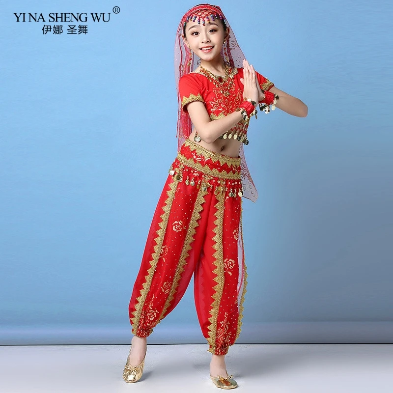 Ropa de danza del vientre de la India para niños, conjunto de disfraces de danza Oriental, vestidos de danza del vientre para niños, 4 colores indios