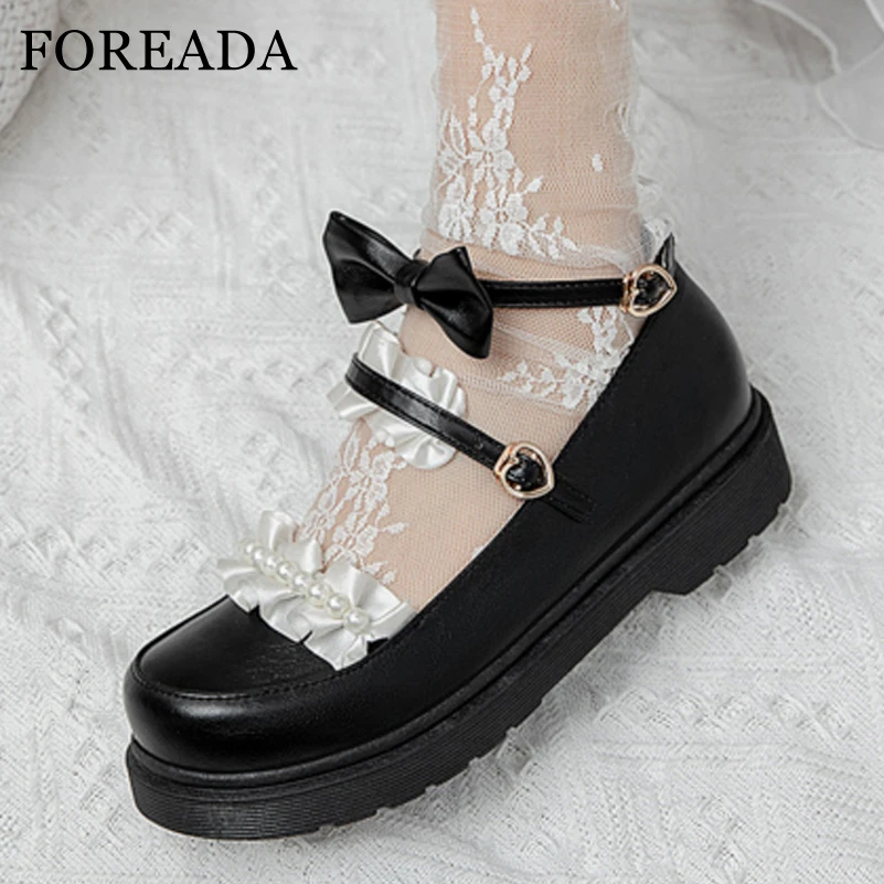 

FOREADA Woman Lolita Style Shoes PU Leather Flat Ankle Style Shoes Bow Round Toe Buckle Lady Footwear Lovely Flats Spring 34-43