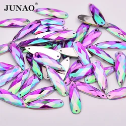 JUNAO 100pcs 8x28mm Big Size Purple AB Drop Sewing Rhinestones Flatback Acrylic Crystal Sew On Stone For Needlework