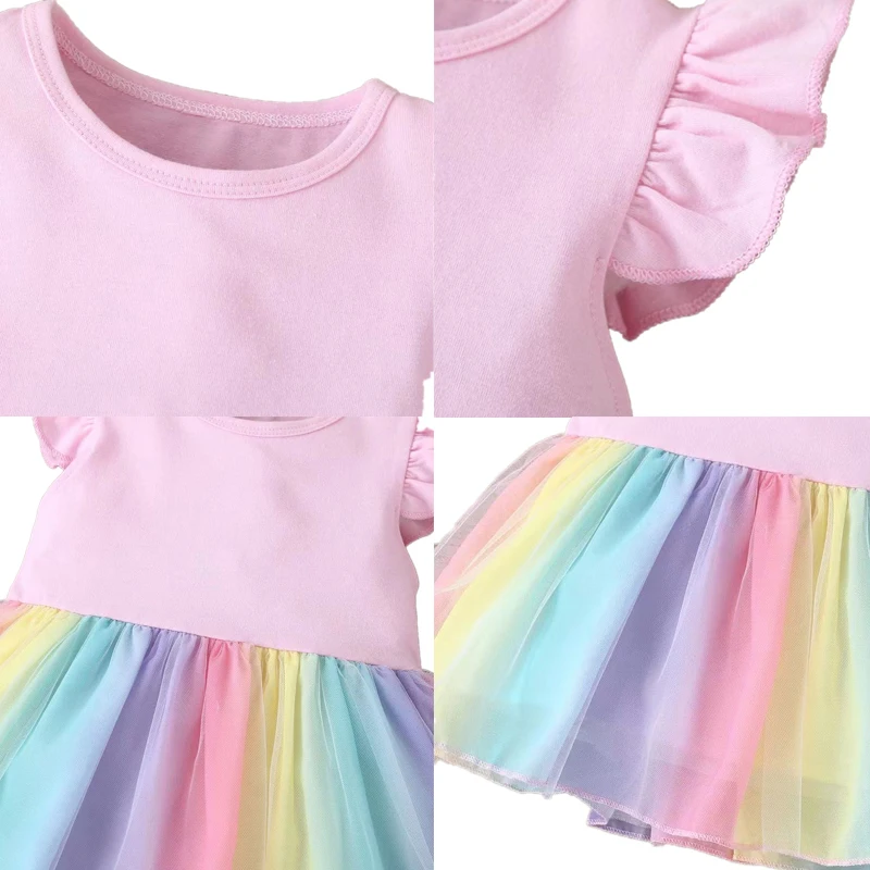 Princess Printed Cute Baby Girl Clothes Cotton Flying Sleeve Girls Rainbow Dresses Casual Toddler Vestidos Birthday Party Dress