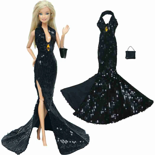 BJDBUS Limited Black Sequin Deep V Backless Mermaid Tail Dress Party Sexy Ball Gown Bag Clothes for Barbie Doll Collection