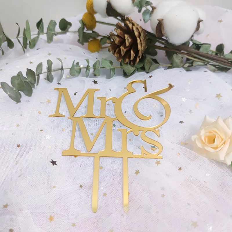 New Gold Acrylic Wedding Cake Toppers Golden Mrs and Mrs. Engagement Baking Cakes Toppers for Wedding Ceremony Cake Decorations