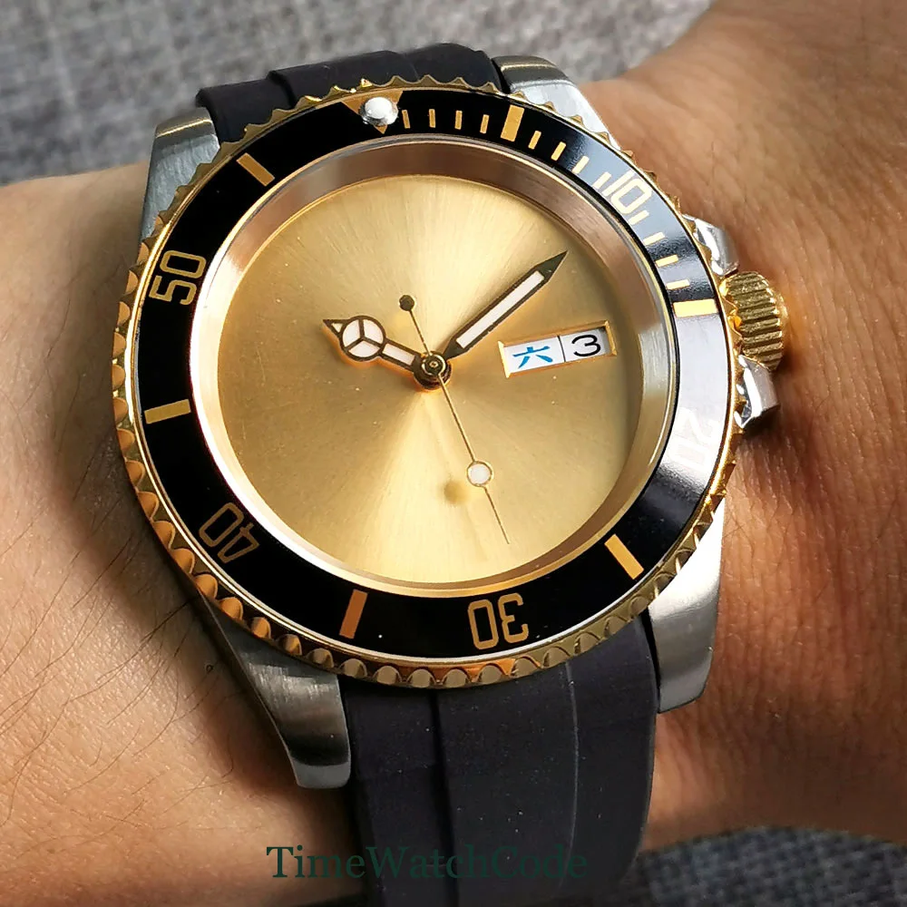 

Golden Plated 40mm Bliger Mechanical Automatic Mens Watch NH36 Movement Sapphire Crystal Week Date Rubber Strap