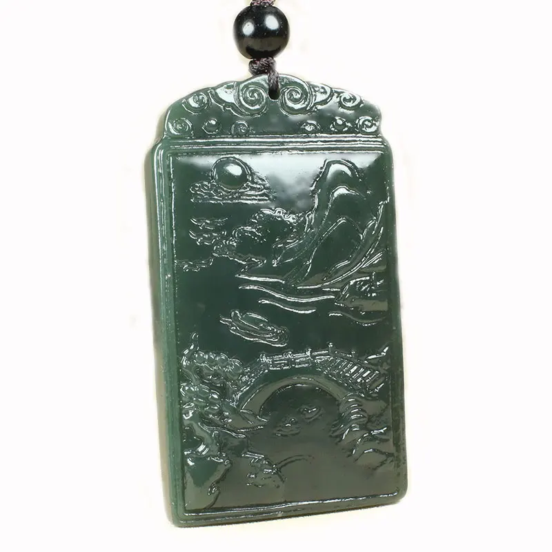 Hand Carven Bottle Green Jade SANSUI Pendant landscape Totem Amulet Talisman Lucky Hanging