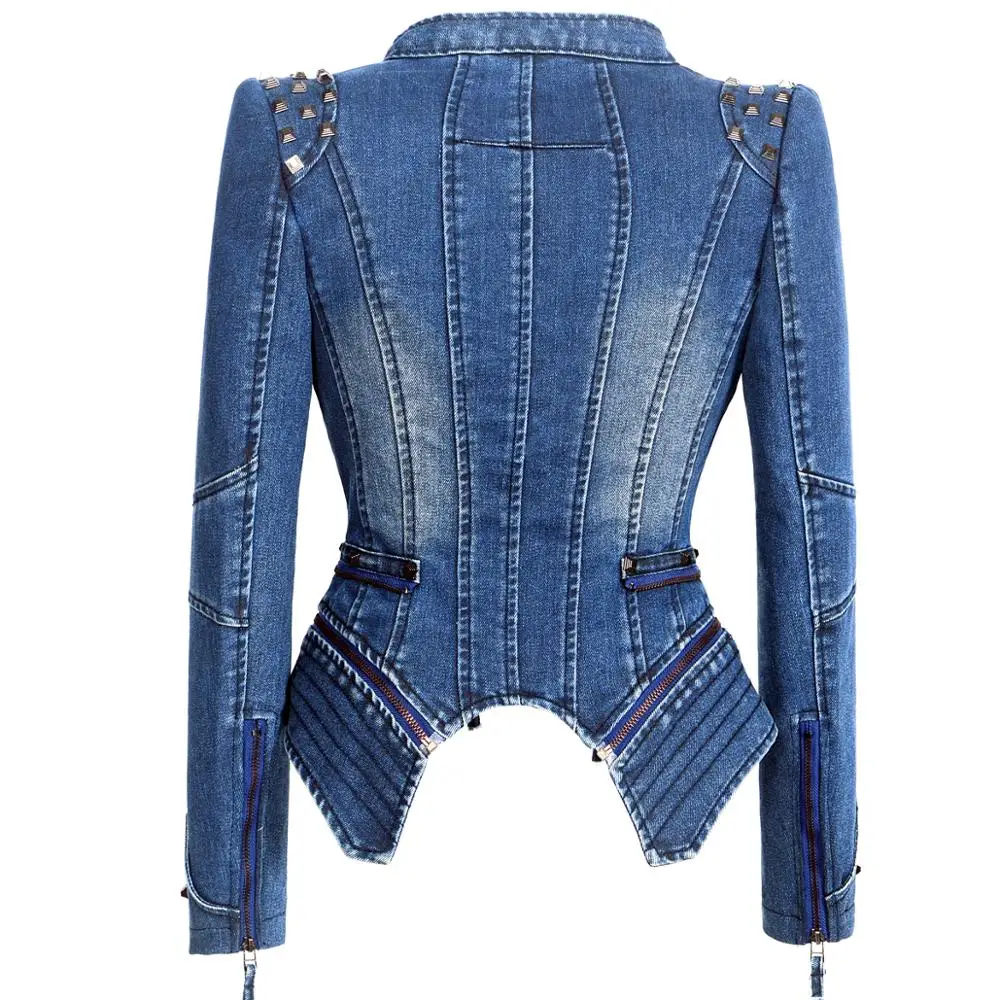 Plus Size Punk Rivet Short Denim slim Jackets Women Wash Long Sleeve Vintage Casual Studs Jean Outerwear Lapel Bomber Slim Coat