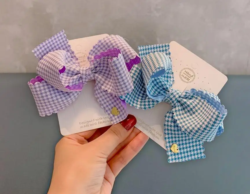 18CM Fashion Cotton Lattice  Bows Hair Clips for Girls Kids Fresh Hairpin Barrettes 2/3pcs/Pack Girls Women Hair Accessories