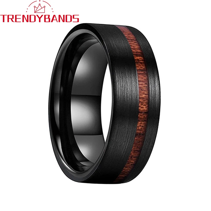 6mm 8mm Real Wood Inlay Mens Tungsten Carbide Rings Wedding Bnads Pipe Cut Brushed Finish Comfort Fit