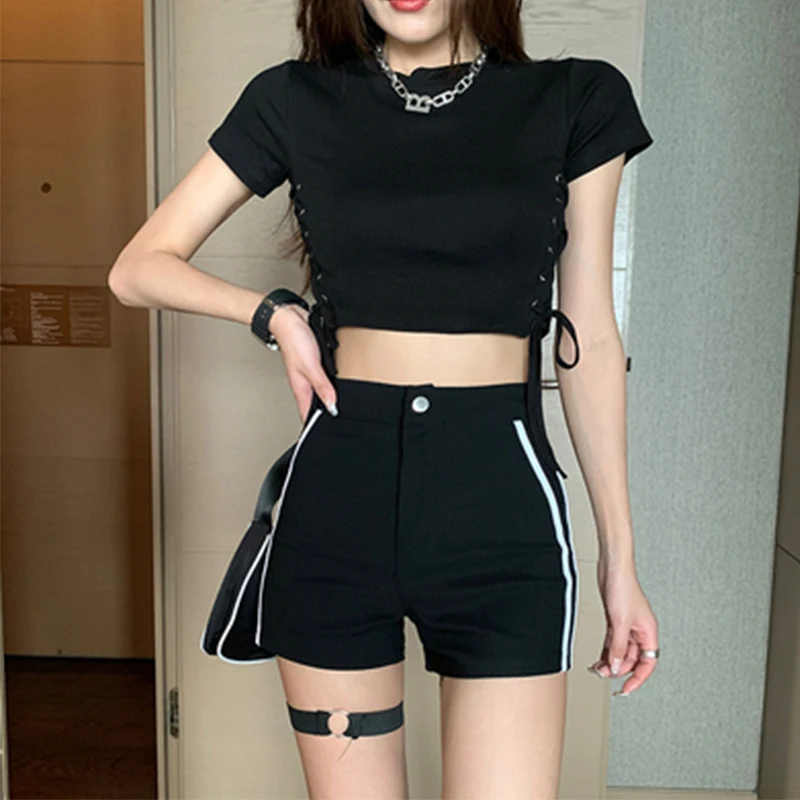 2021 Sexy Summer Contrast Striped Side Shorts Women Hot Shorts Jeans  Bandage High Waist Slim Black Female Denim Stretch Shorts