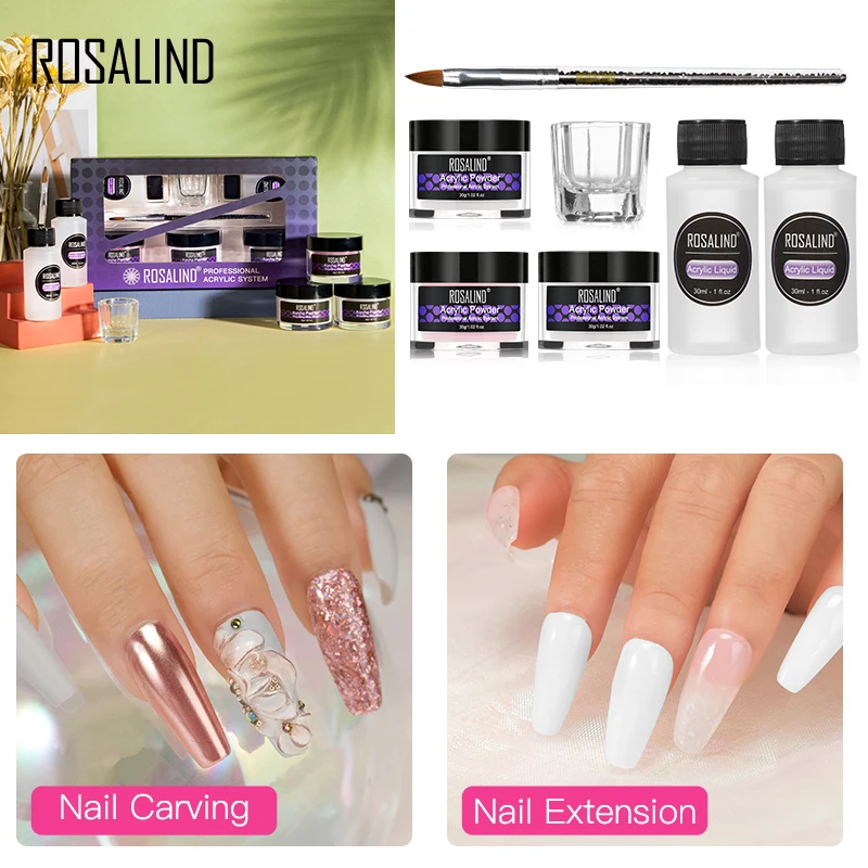 

ROSALIND Acrylic Powder Nail Kit Professional Nail Accessories Extension Carving Gel Nail Polish All For Art Design