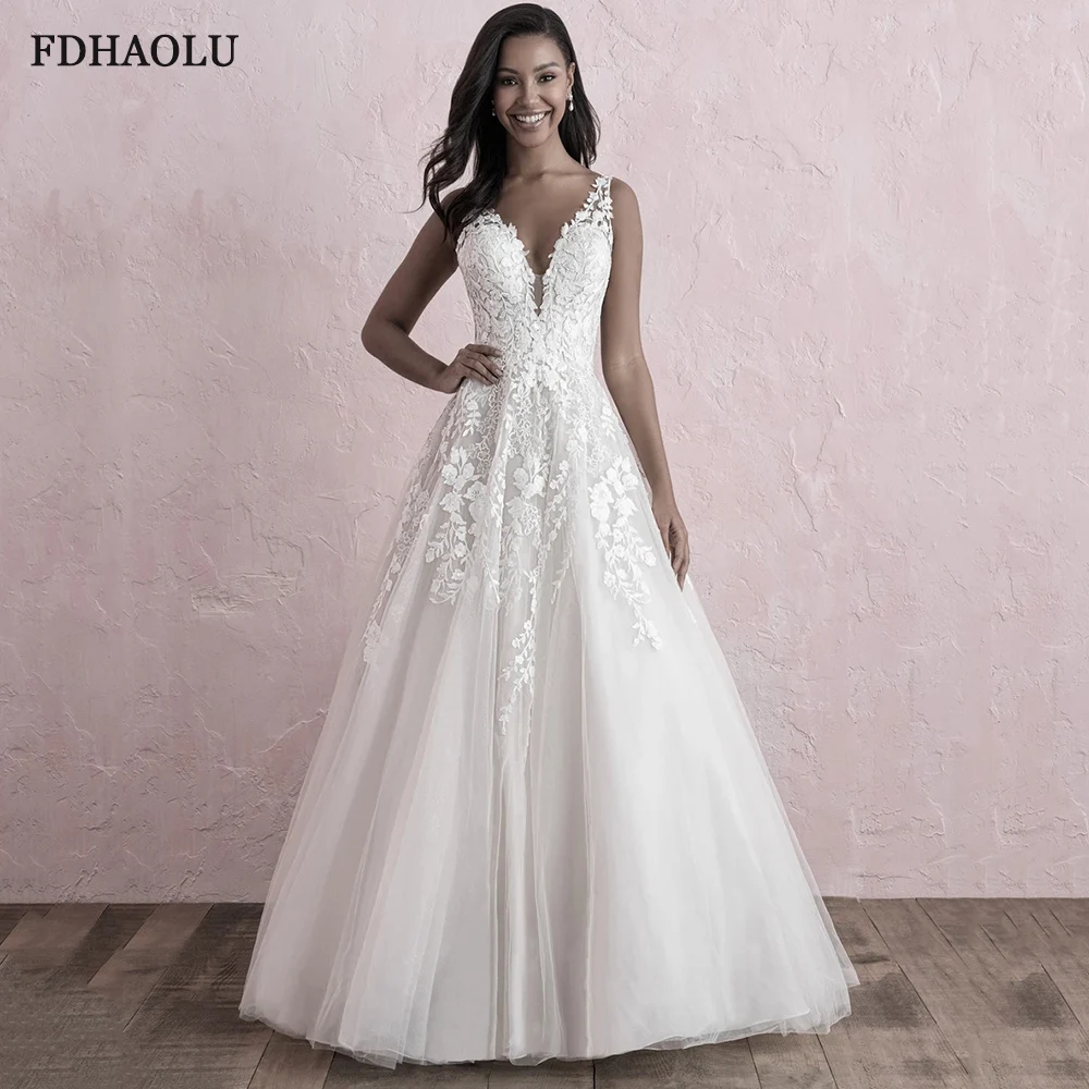 

FDHAOLU FU30 Vestido De Noiva A-Line V Neck Wedding Dress Lace Appliques Bridal Dress Custom Made Wedding Gown