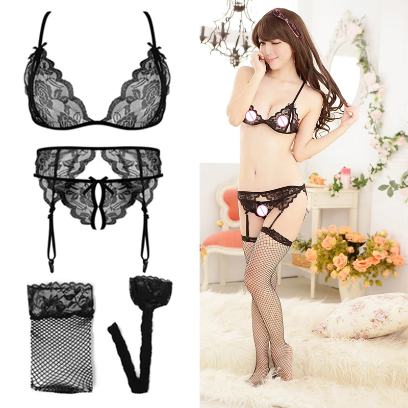 레이스 여성 란제리 세트 4 개 슬링 오픈 브래지어 섹시 가터 팬티 푸시 업 브래지어 세트, 에로틱 투명 속옷 그물 스타킹