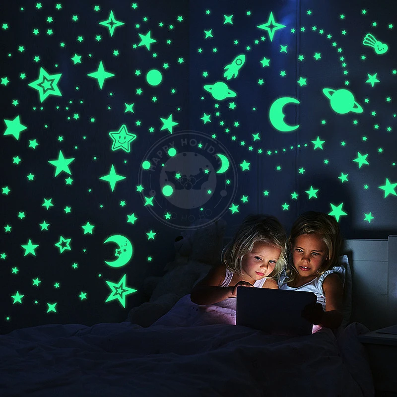 Pegatina de pared luminosa 3D para habitación de niños, pegatinas fluorescentes de estrellas y puntos, decoración del hogar que brillan en la
