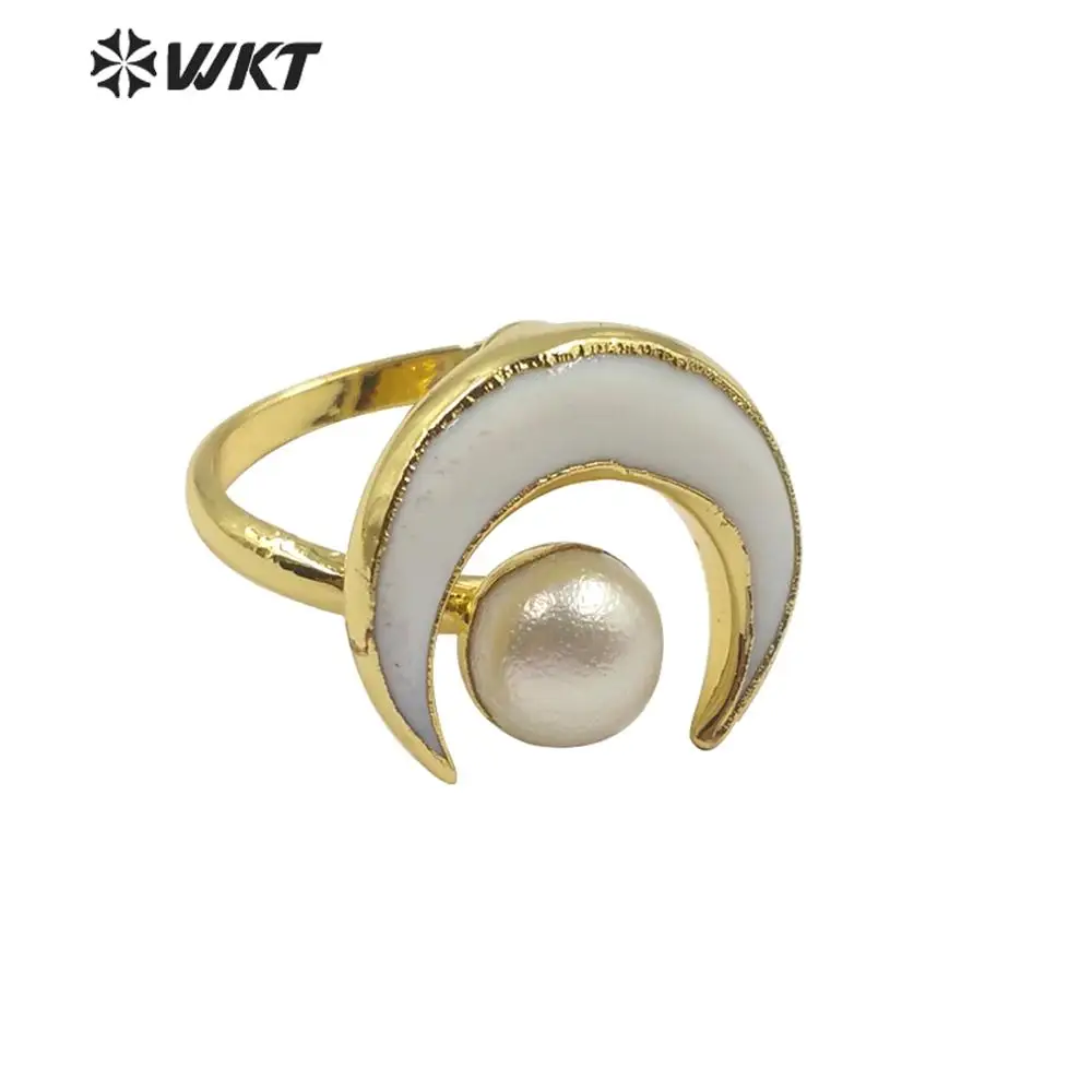 WT-R344 Unique Special Design Bohemian Crescent Shell 18k Ring In Gold Women Fashion Pearl Moon Lovely Shape