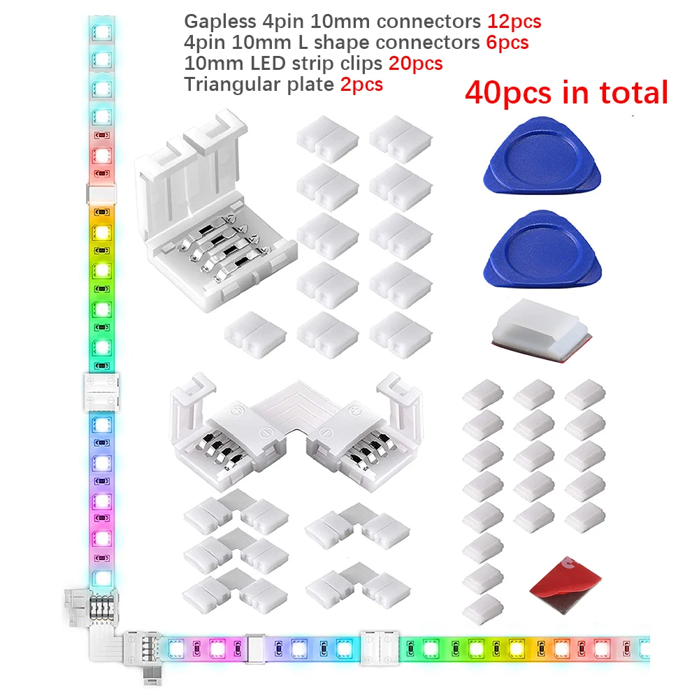 40Pcs 10mm 4 Pin L Shape Connector RGB LED Strip 90 Degree Corner Connectors for 5050 RGB LED Strip Light