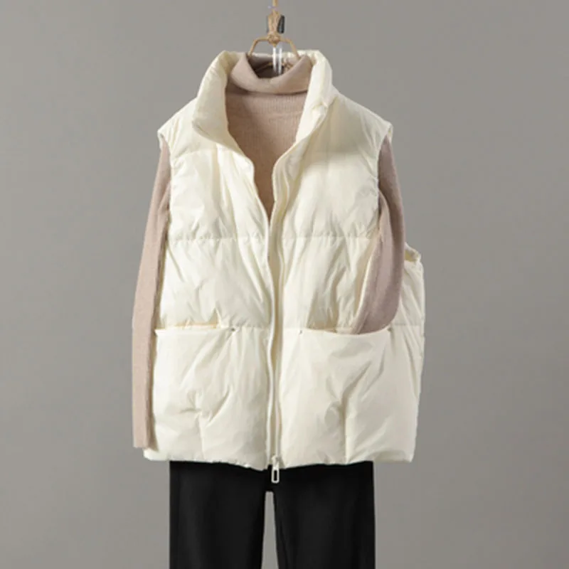 

2022 New Body Warmer Women's Down Vest Jacket Loose White Duck Down Thick Waistcoat Vest Zipper Sleeveless Coat For Women