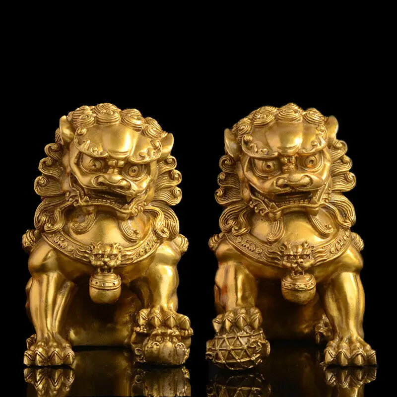 

A Pair Feng Shui Chinese Bronze Lion Statue Copper Evil Guardian Door Fu Foo Dog