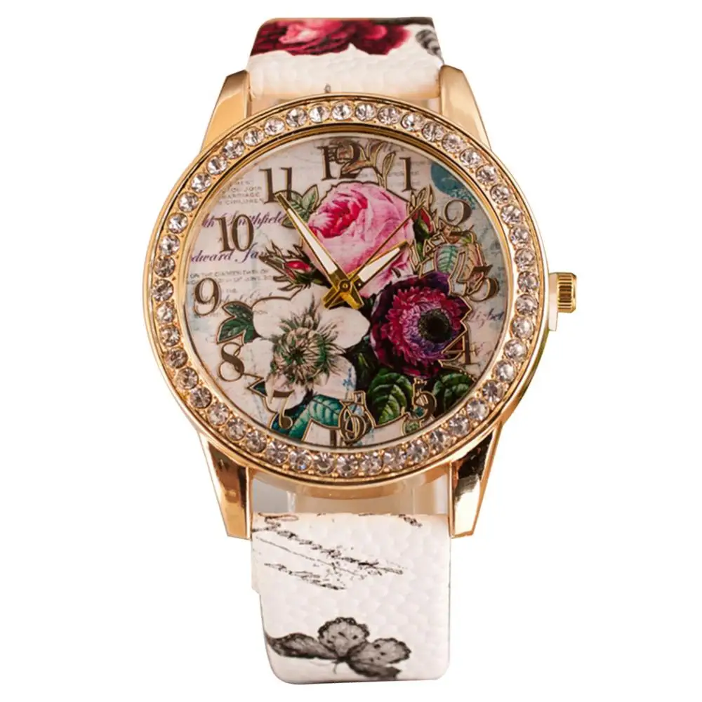 2021 New Retro Vintage Elegant Women Rhinestone Inlaid Flower Round Dial Faux Leather Band Quartz Wrist Watch for Dating Gift