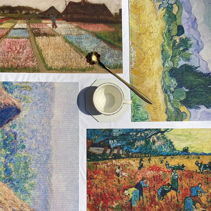 Oil Painting PVC Placemats for Coffee Table Dining Mat Monet Van Gogh Cup Costers Insulation Pad Home Decor Hotel Decoration