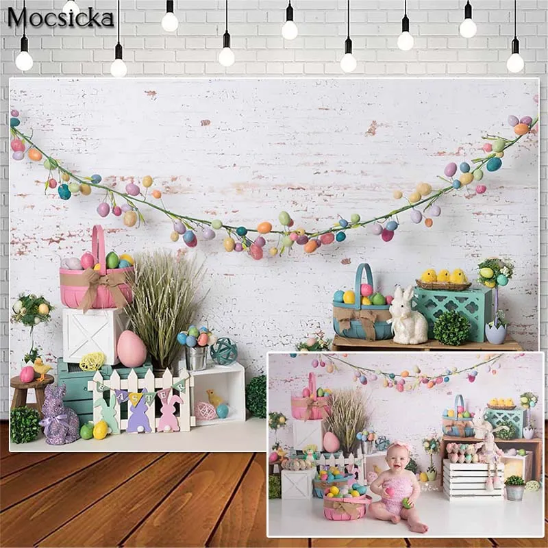 

Mocsicka White Brick Wall Spring Easter Photography Backdrops Eggs Bunny Decor Cake Smash Photo Props Studio Booth Background