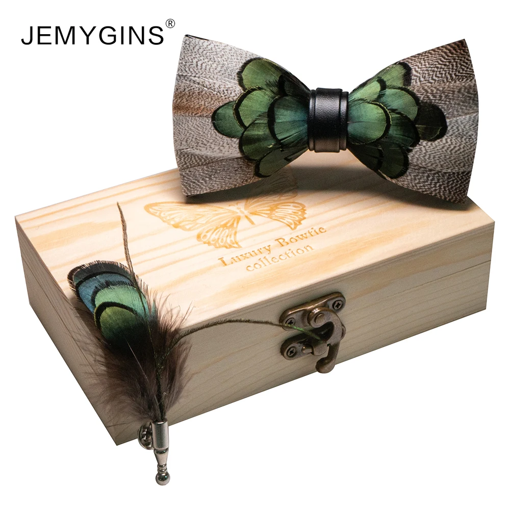 

JEMYGINS original brand peacock feather bow tie handmade green bow men and women brooch gift box set wedding party accessories