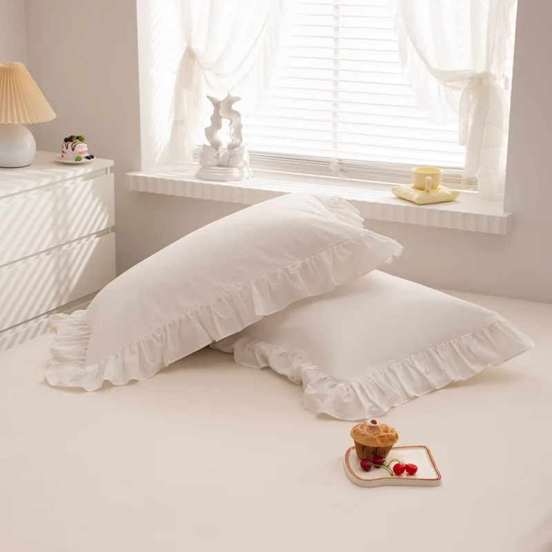 2pcs Princess Style Cotton Solid Color Lotus Leaf Lace Pillowcase Ins Soft Breathable Pillow Core Protective Cover Cushion Cover
