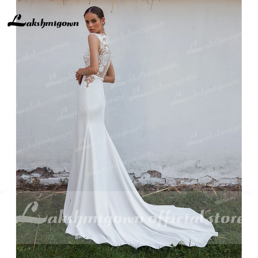 Sexy Satin Mermaid Wedding Dresses 2022 See Through Illusion High neck White Bridal Gowns with Lace Appliques Lakshmigown