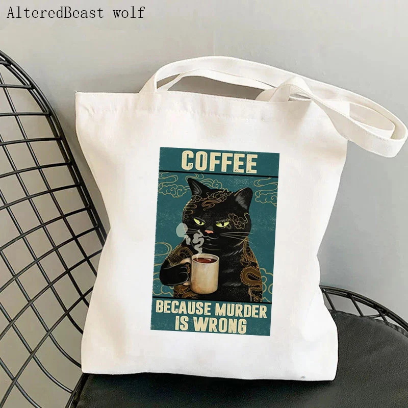 Women Shopper bag Black Cat Care Knowledge Kawaii Bag Harajuku Shopping Canvas Shopper Bag girl handbag Tote Shoulder Lady Bag