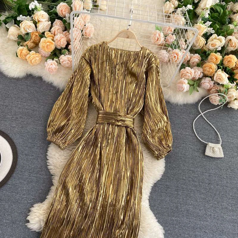 Gold Shimmer Wavsiyier High Waist Boho Luxury Evening Party Dresses Women Runway Long Sleeve Elegant Dress Autumn Spring Dresses