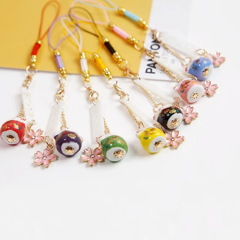 Cute Maneki Neko Smart Phone Strap Lanyards Iphone Case Decoration Sakura Cat Bell Mobile Rope Key Chains Couple Gift