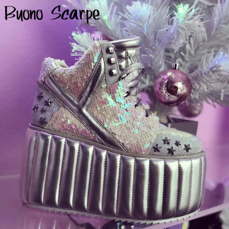 Bling Bling scarpe alte con plateau per donna stivaletti in pelle con fondo spesso Sneakers con tacchi alti scarpe singole con paillettes di perle